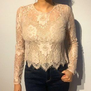 Forever 21 Pink Long Sleeve Lace Crop Top S